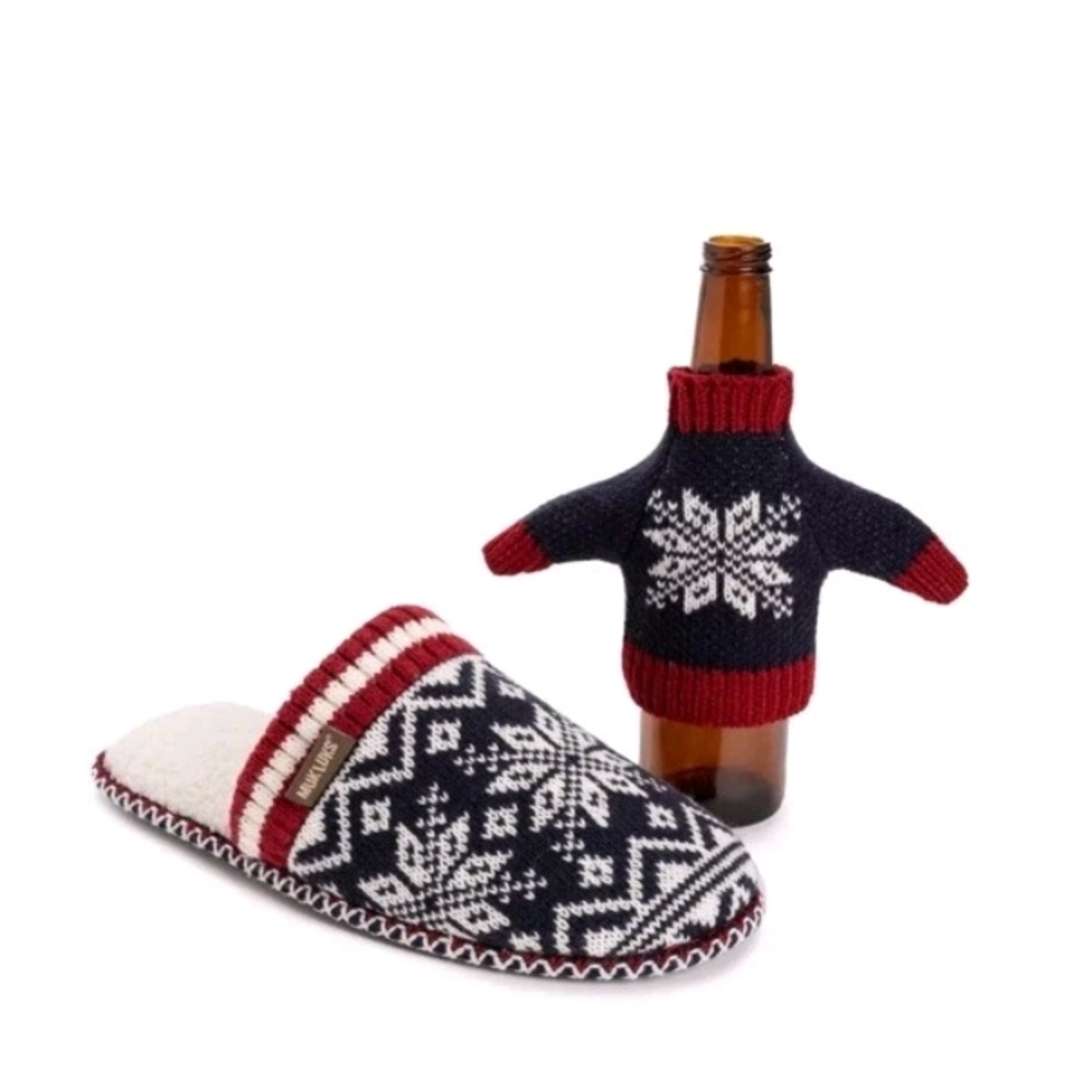 Muk Luks Navy and Red Snowflake Slippers & Bottle Sweater Set